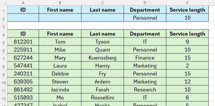 An Excel sheet containing two tables. A lookup table is at the top of the sheet with two criteria filled in, and a database table is underneath.