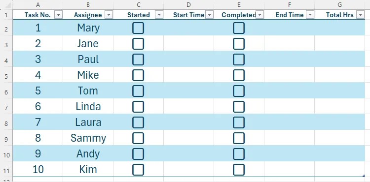 An Excel table containing two columns of checkboxes, which will display when a task has been started and when a task has been completed.