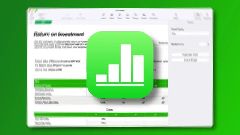The Apple Numbers logo against a screenshot of a blurred Apple Numbers spreadsheet against a gradient colored background.