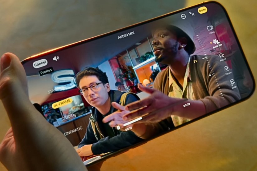 Screenshot of the Audio Mix feature in action on an iPhone 16 Pro&rsquo;s screen.