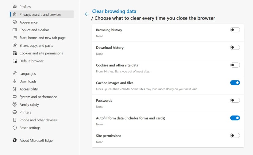 The &ldquo;Clear Browsing Data&rdquo; options in Microsoft Edge.