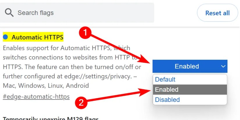 The flag to enable automatic HTTPS in Microsoft Edge.