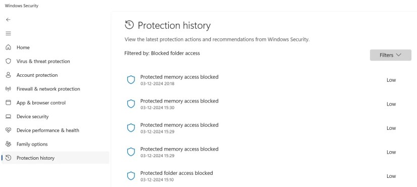 Blocked Folder settings in the Windows Security app.