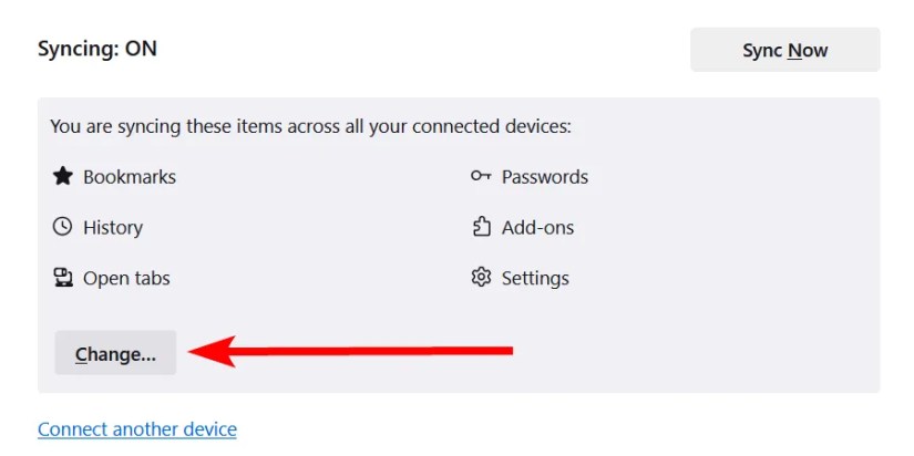 The &ldquo;Change&rdquo; button in Firefox&rsquo;s sync settings.
