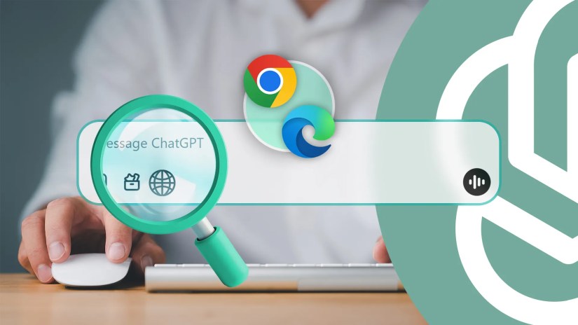ChatGPT text input field with a magnifying glass, the Edge and Google Chrome logos, and a man using a keyboard and mouse in the background.