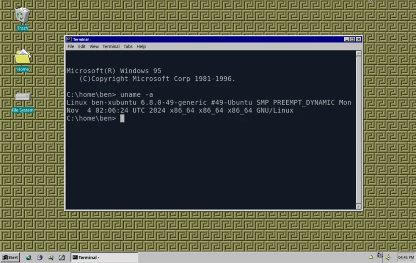 An Chicago95 themed XUbuntu PC, showing a Windows 95 style experience, but with a terminal confirming that it is, infact, Linux.