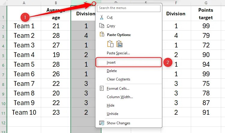 Column C in an Excel sheet is selected, and Insert in right-click menu is highlighted.