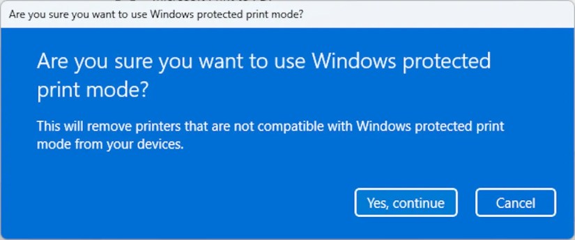 Confirming the change to enable Windows Protected Print Mode.