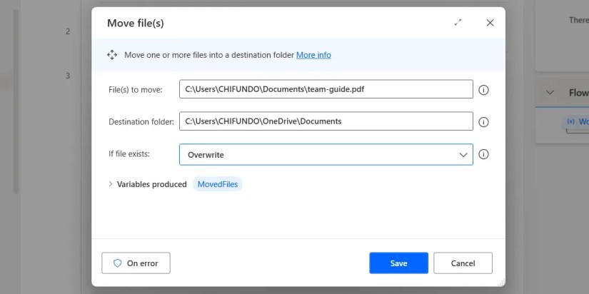 Creating the &ldquo;Move File(s)&rdquo; action in Power Automate on Windows.