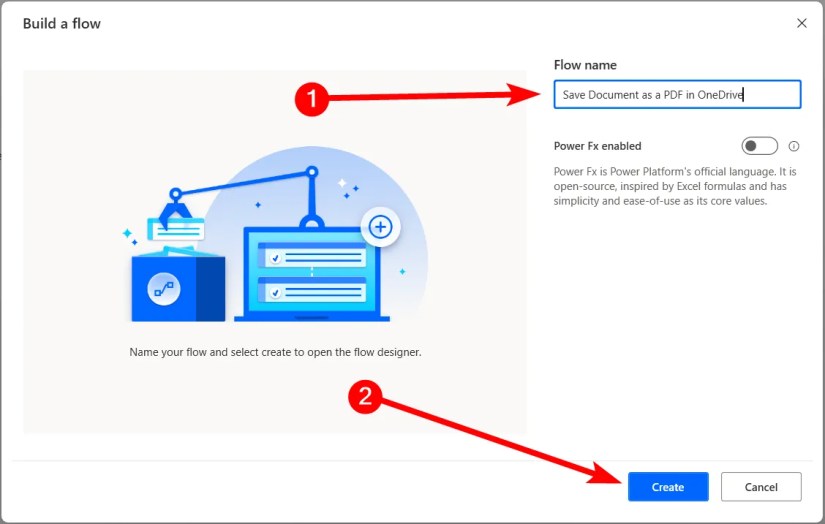 Creating a new flow in Power Automate on Windows.