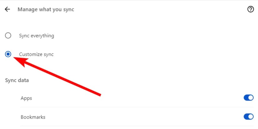 The &ldquo;Customize Sync&rdquo; radio button in Chrome settings.