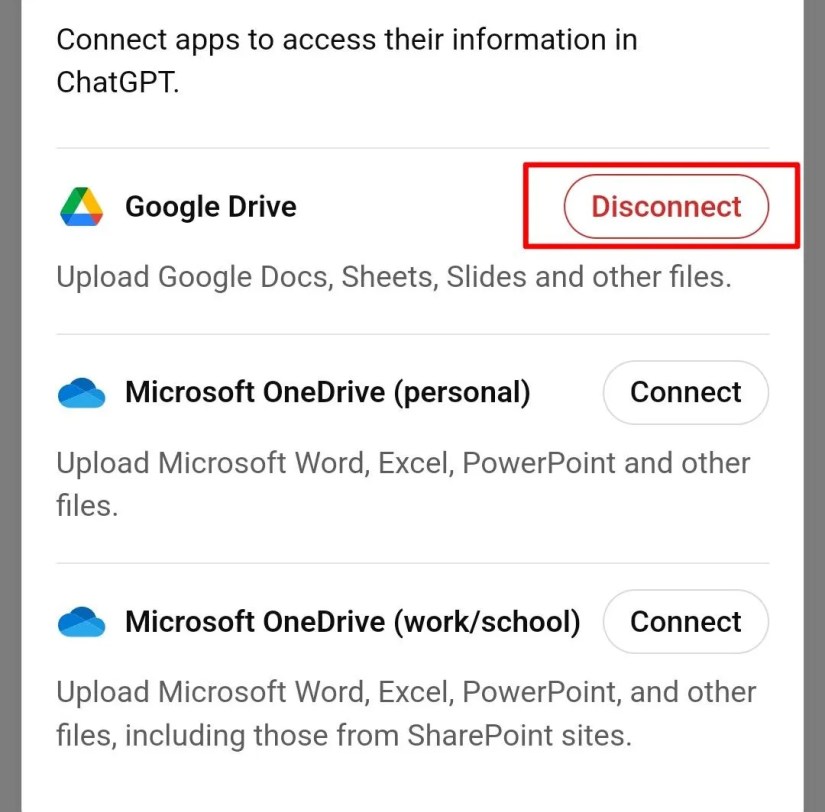 A red  &lsquo;Disconnect&rsquo; button beside the Google Drive option.