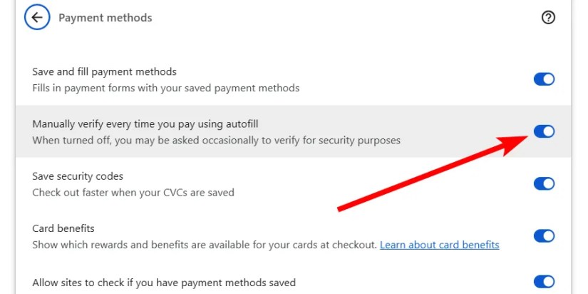 Enabling manual verification for auto-filled payment details in Chrome.