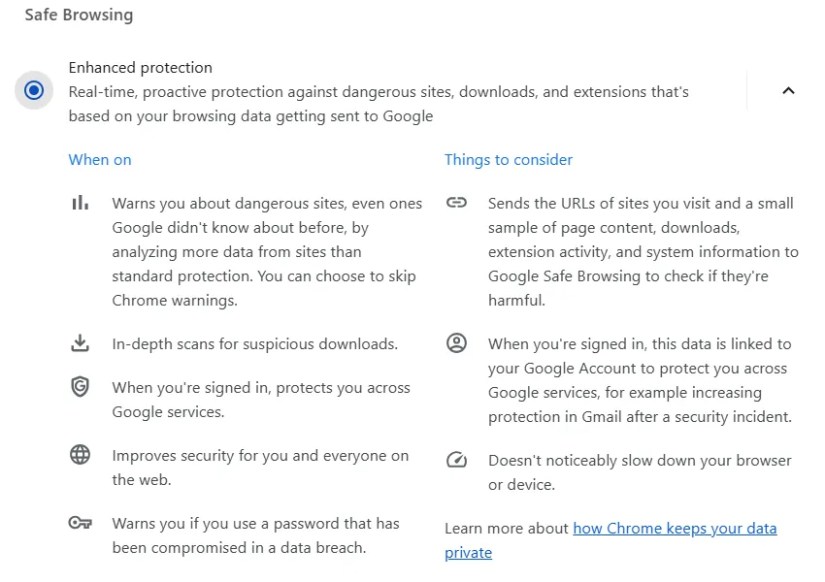 Enabling enhanced protection in Chrome.