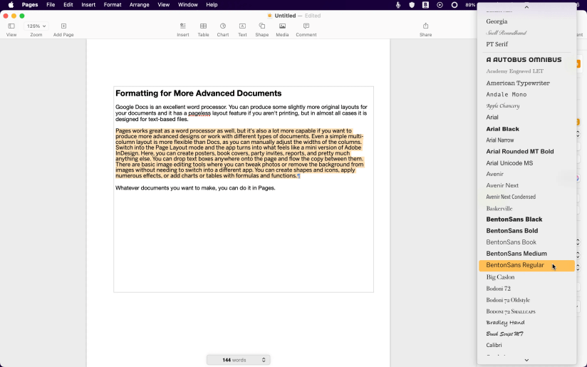 Fonts in Apple Pages.
