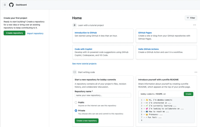 The GitHub dashboard which links to an &ldquo;Introduction to GitHub&rdquo; and other ways to start using the site.