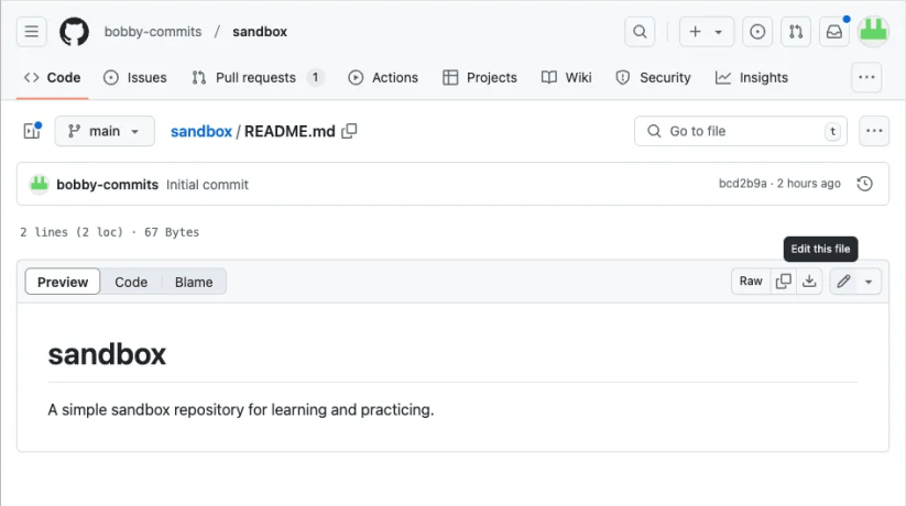 An individual file on GitHub with the &ldquo;Edit this file&rdquo; button highlighted.