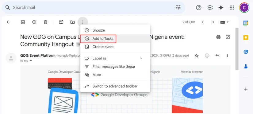 The drop down menu showing the &lsquo;Add to tasks&rsquo; option.