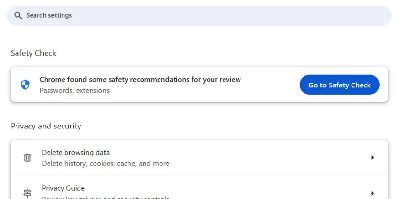 The &ldquo;Go to Safety Check&rdquo; button in Chrome.