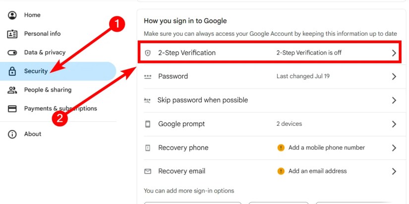The &ldquo;2-Step Verification&rdquo; option in a the settings of a Google account.