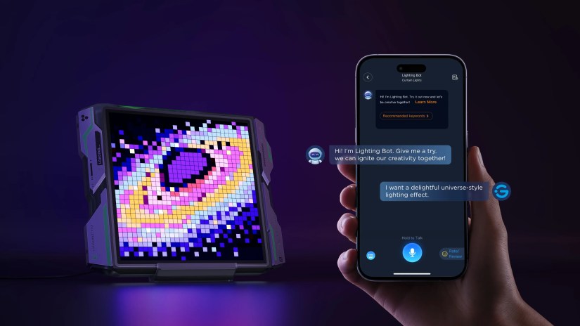 Govee&rsquo;s smart screen for gaming pixel art next to a hand holding an iPhone running the Govee mobile app.