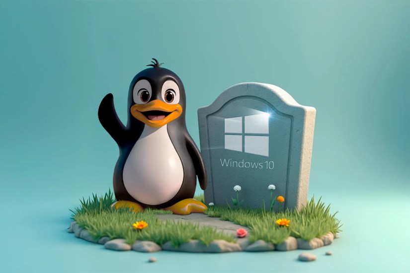 Linux mascot waving next to a tombstone with the Windows 10 logo.