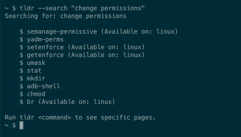 Search results from the tldr page showing commands relevant to the phrase &ldquo;change permissions,&rdquo; including umask and chmod.