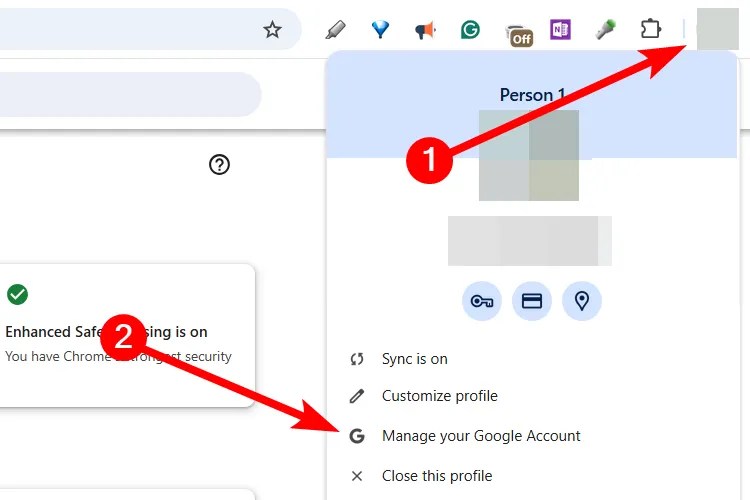 The &ldquo;Manage Your Google Account&rdquo; option in Chrome.