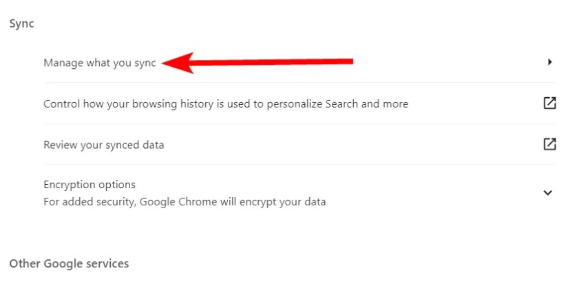 The &ldquo;Manage What You Sync&rdquo; option in Google Chrome settings.