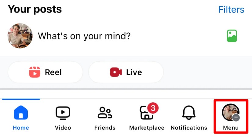 Menu option in Facebook iPhone app.