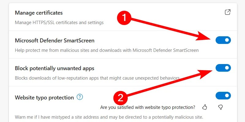 Enabling Microsoft Defender SmartScreen in Microsoft Edge.