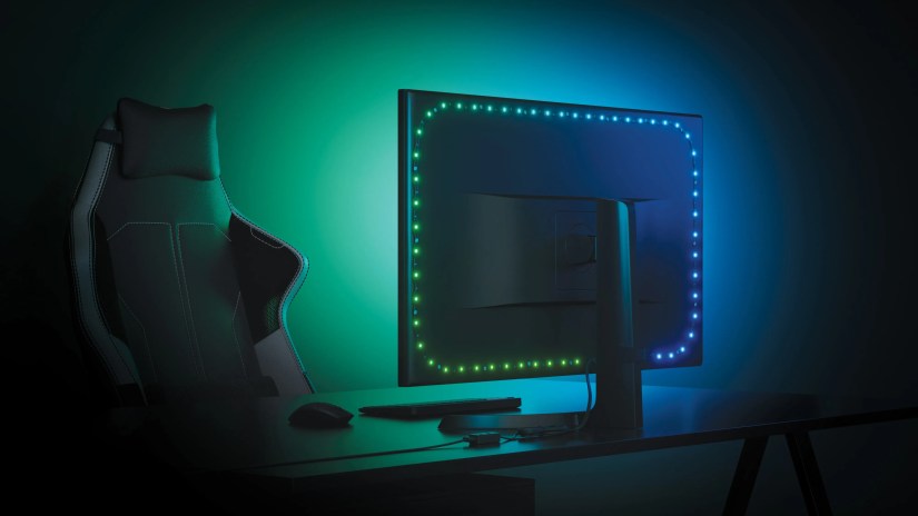 A monitor showcasing Nanoleaf&rsquo;s bias lighting attached to the backside.
