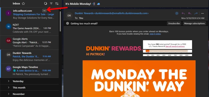 Microsoft&rsquo;s New Outlook email client with an ad in the inbox.
