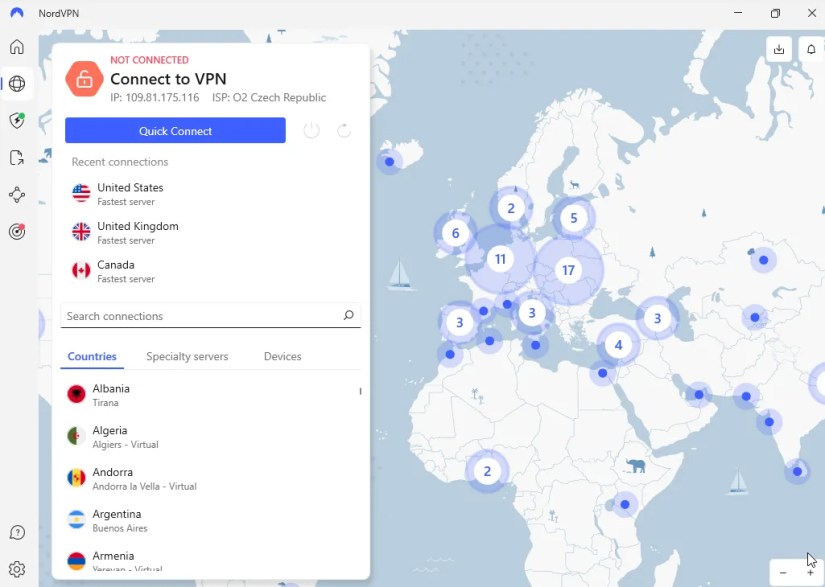 A picture of NordVPN&rsquo;s main VPN screen.