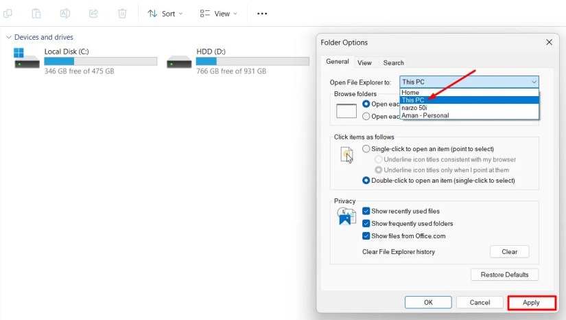 Open File Explorer to option in Folder Options window.