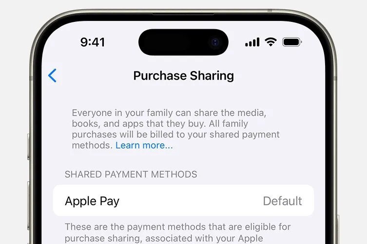 The Apple Purchase Sharing menu showing the shared payment method being Apple Pay by default.
