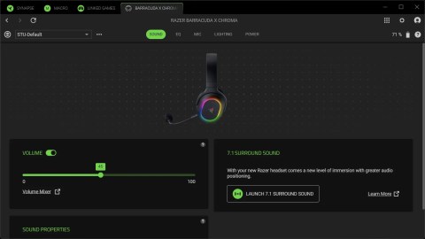 Razer Barracuda X Chroma software showing volume and surround