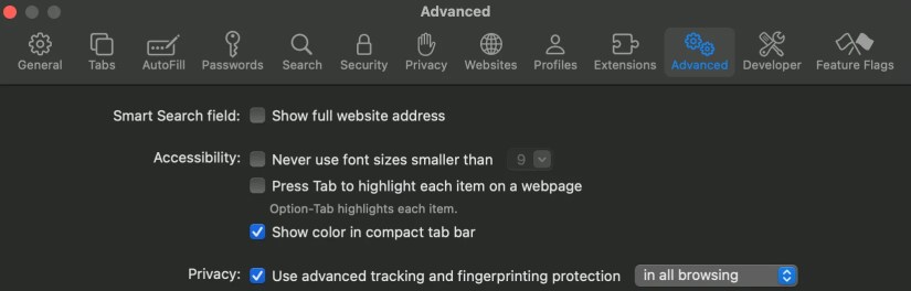 A screenshot of Safari advanced settings.
