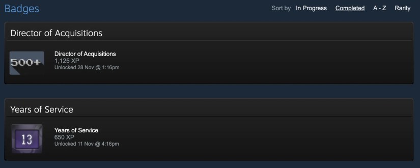 Steam badge showing 13 years of service award.