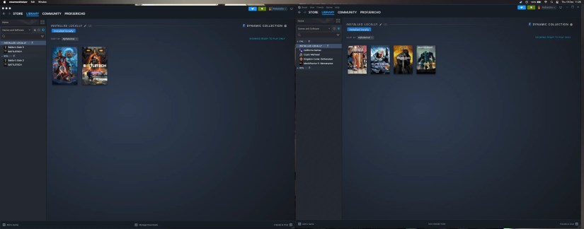 The native and Windows Steam client running side-by-side on macOS.