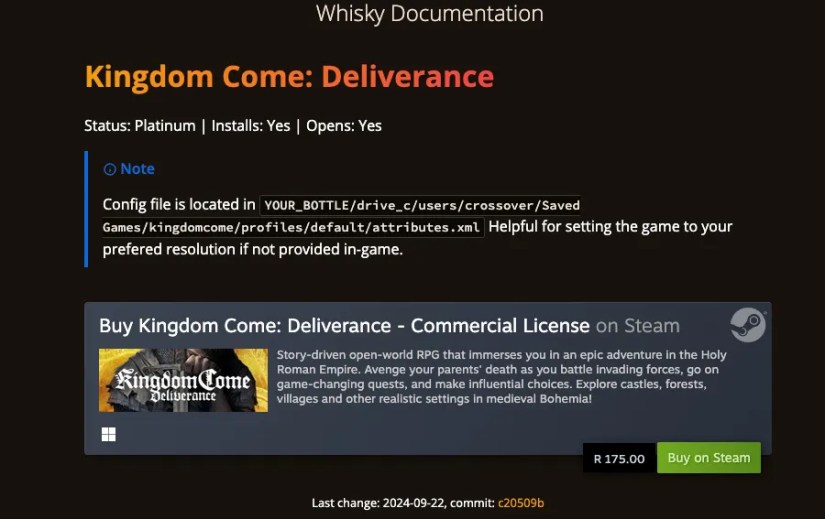 A shot of Whiskey documentation showing Kingdom Come Deliverance with platinum status.