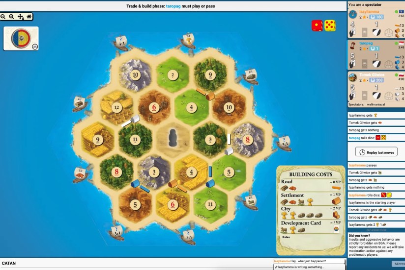 A browser-based game of Catan in progress.