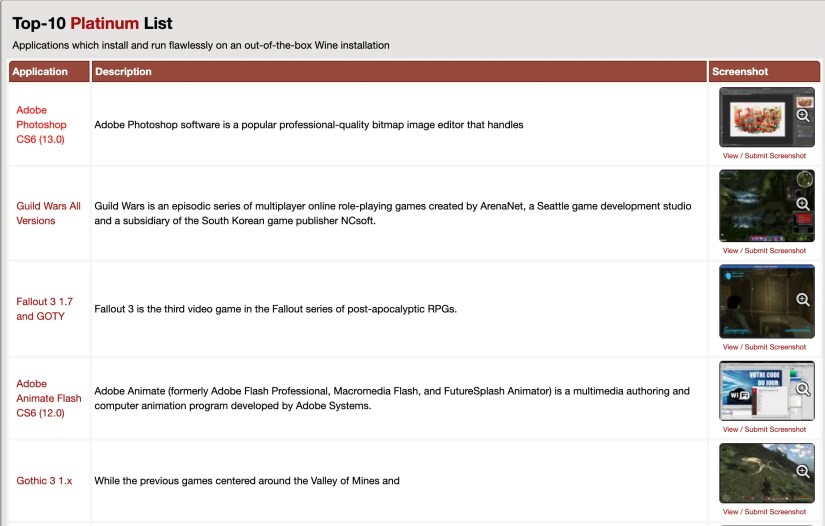 A portion of the platinum compatibility list in WINEHQ .