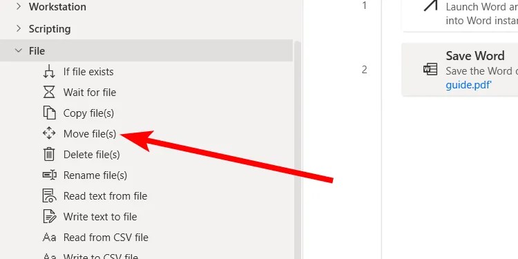 The &ldquo;Move File(s)&rdquo; option in Power Automate on Windows.