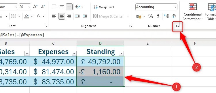 Some data in an Excel sheet is selected, and the Number Format dialog box launcher icon is highlighted.