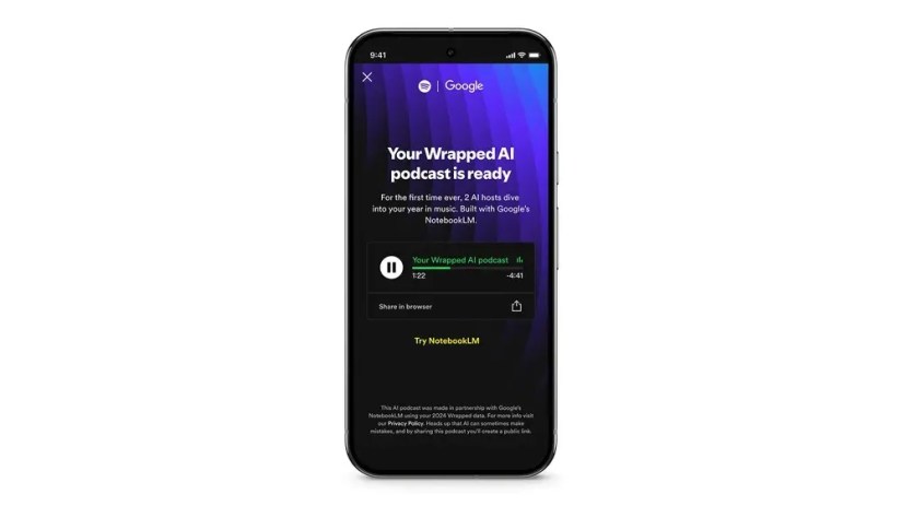 spotify ai wrapped podcast being played on a phone. The text says &ldquo;Your wrapped AI Podcast is ready&rdquo; with a description of it.