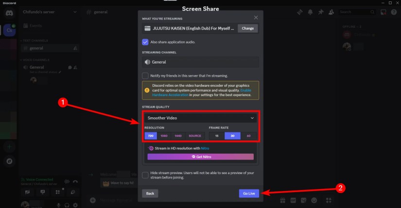 Tweaking the stream settings on Discord and going live.