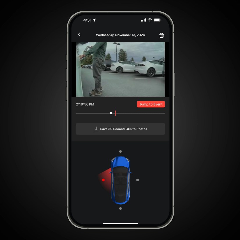 Tesla&rsquo;s iPhone app showcasing viewing Sentry Cam footage remotely.