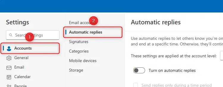 The Automatic Replies options, accessed via the Accounts menu in the new Microsoft Outlook settings.