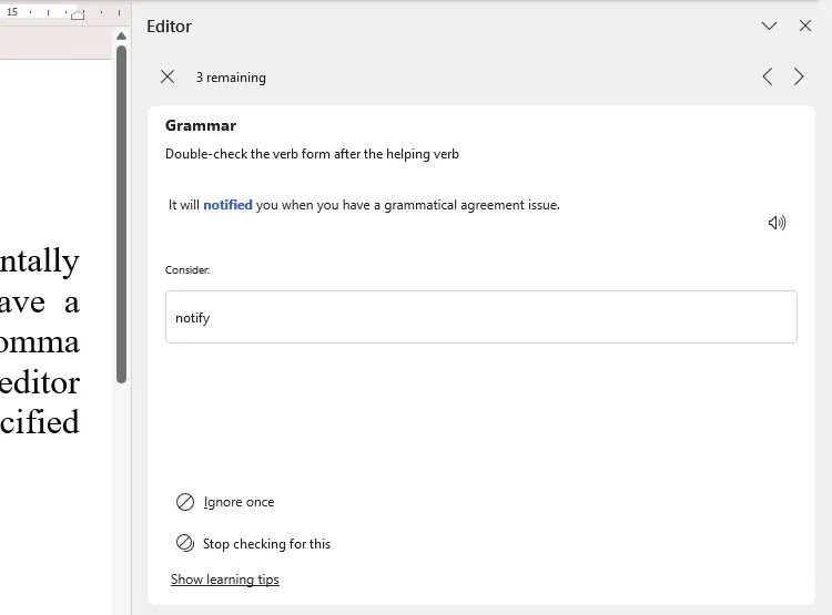 The Editor pane in Microsoft Word showing a grammatical error and suggested amendments.